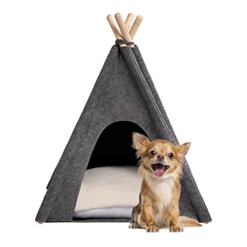 MYANIMALY Tipi Zelt für Haustiere, Katzenzelt, Haustierbett, Haustierhütte für Hunde und Katzen mit beidseitig anwendbarem Kissen, Gestell aus Kiefernholz (60 x 60 cm, Grau/Ecru) - 5