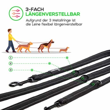 Rudelkönig Hundeleine mit reflektierenden Streifen (2,15m) - mehrfach längenverstellbar - robuste Multifunktionsleine in schwarz - hochwertige Trainingsleine - 5